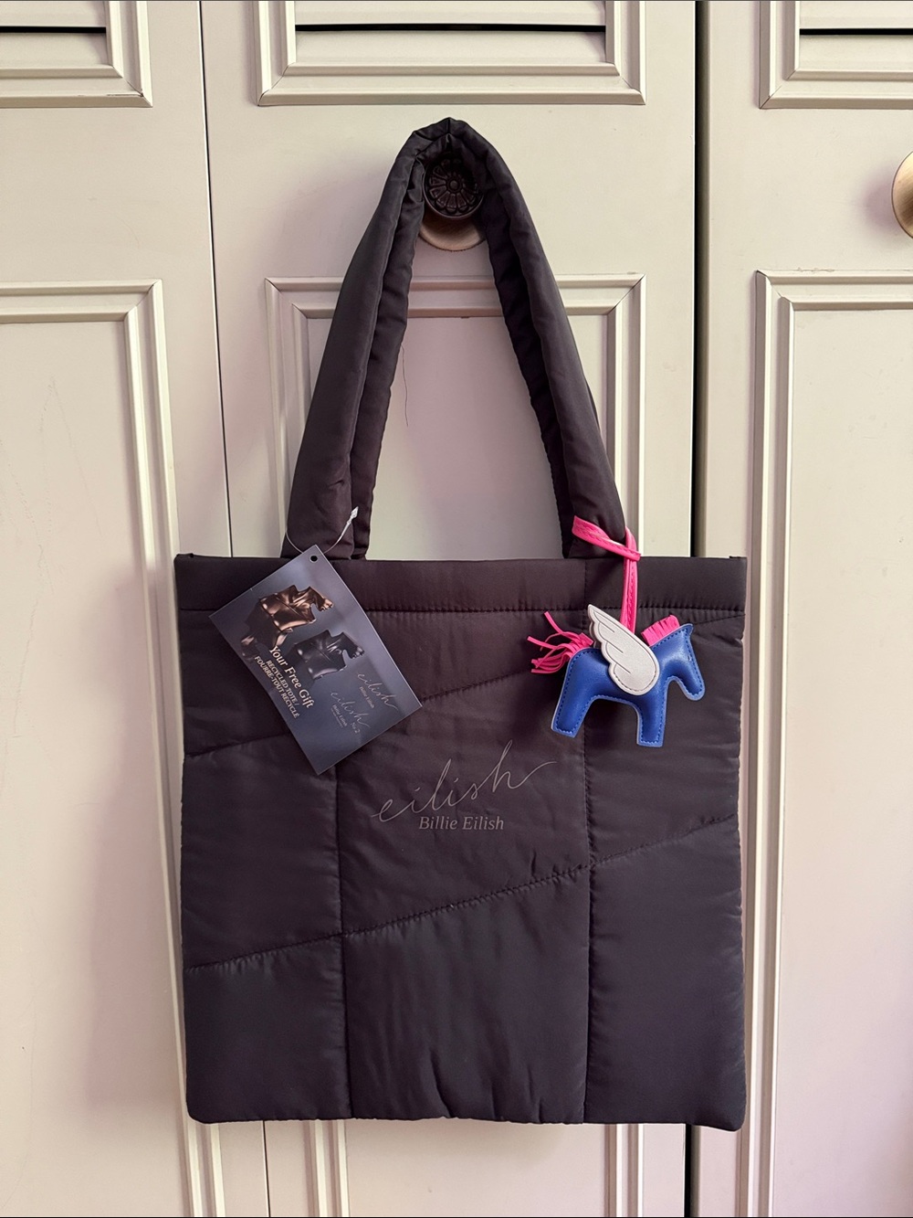 Billie Eilish tote bag in black color come with horse bag charm